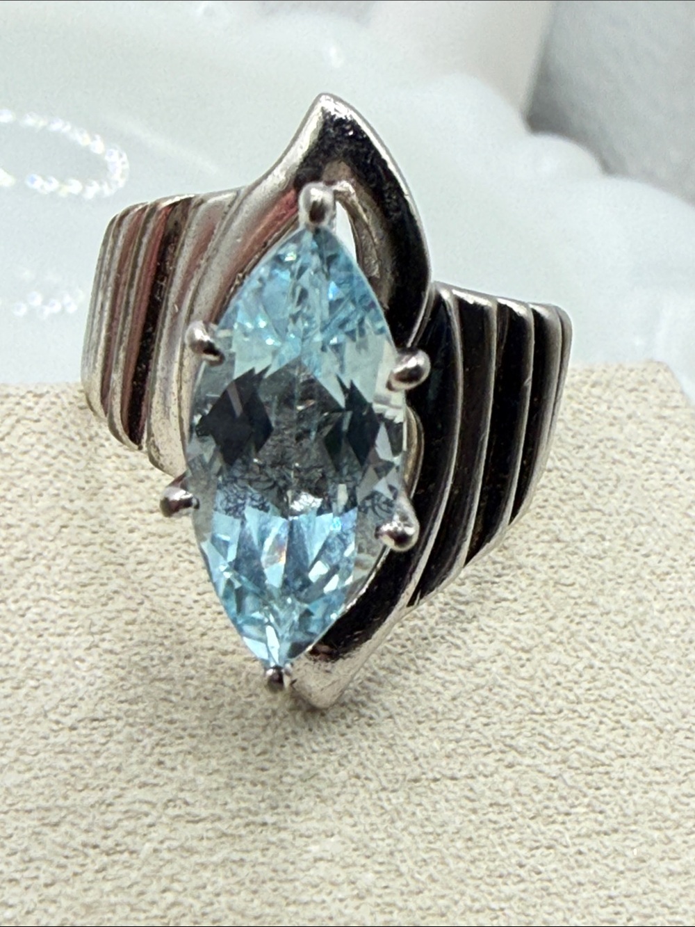 Incredible vintage modernist Silver Ring Blue Marquise Topaz tests sapphire Sz 6